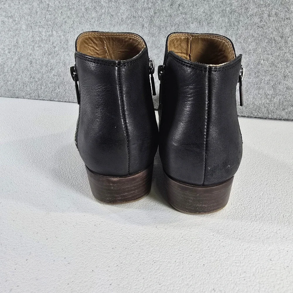 Lucky Brand Burklee Black Leather Ankle Boots Dual Zip Low Block Heel 8M 38.5